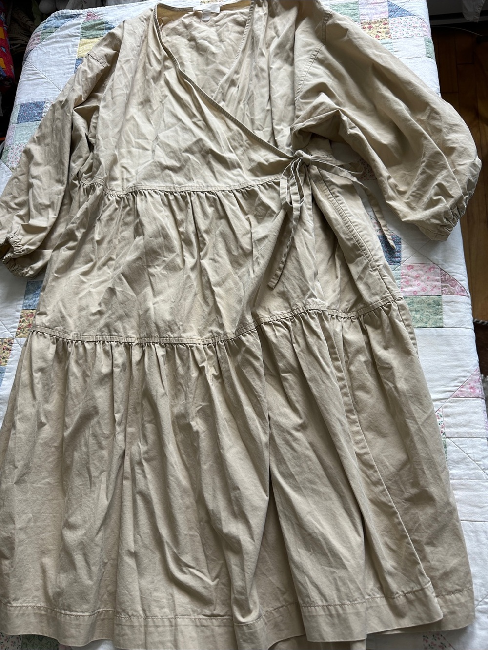 X—COS Beige Tie-Waist Midi Dress with Subtle Puff Sleeve Size M-L